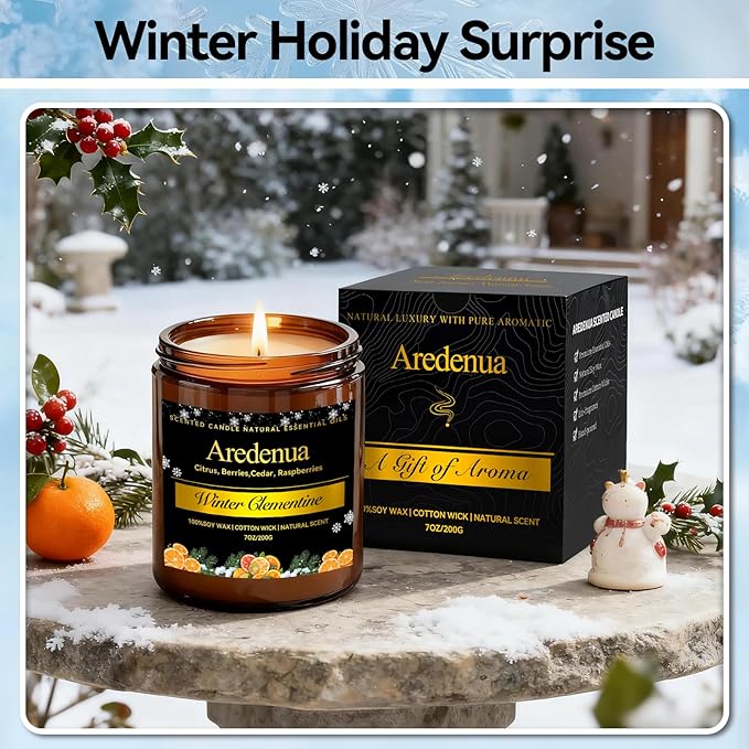 Winter Candles – Winter Clementine Candle | Holiday Scented Candles - Citrus Soy Candle for Odor Eliminator | Winter Christmas Gift for Women Men 7oz Jar with 50H Clean Burn & Long Lasting