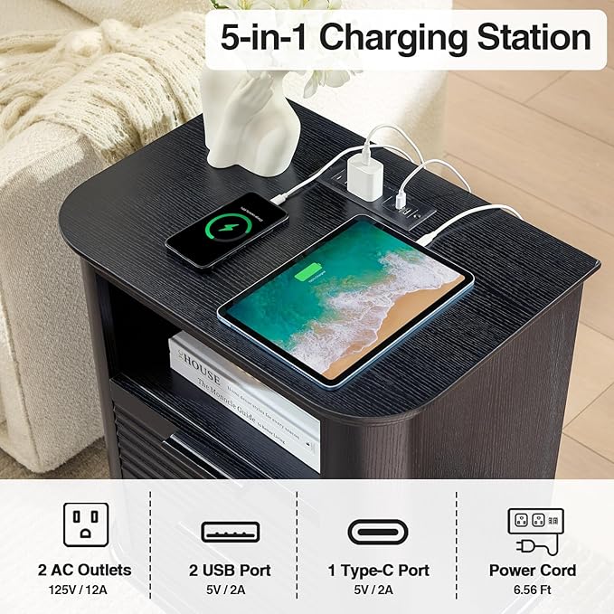 Okvnbjk 22" Wide Fluted Nightstand Set of 2 with Charging Station, 2 Drawer End Table w/Open Storage, Wood Bedside Table for Living Room, Bedroom, Modern Side Tables Curved Profile Design, Black