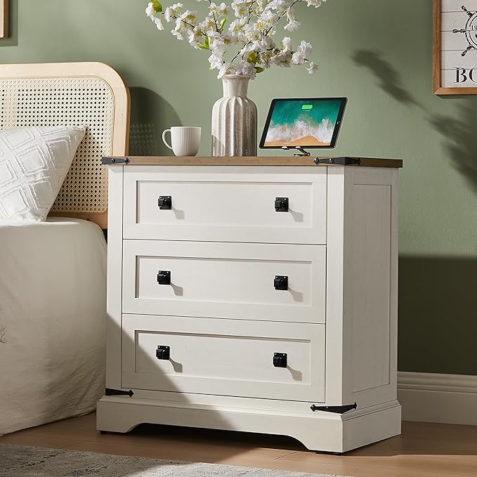T4TREAM 32" Farmhouse Nightstand with Charging Station Set of 2, Large End Table with 3 Storage Drawers, Rustic Wood Bedside Table for Bedroom, Living Room, Antique White