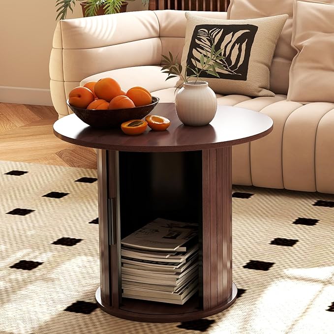 COSVALVE Round Wood Coffee Table 23.6IN with Hidden Storage & Sliding Door, Circle Farmhouse Side Table Sets for Living Room, Bedroom, Balcony, Small Spaces, Walnut