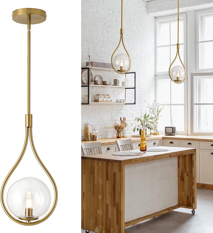 Gold Pendant Lights - Vintage Pendant Light Fixtures - Globe Hanging Lihghting Fixture with Frosted Glass - Pendant Lights for Kitchen Island H9377-CLGB