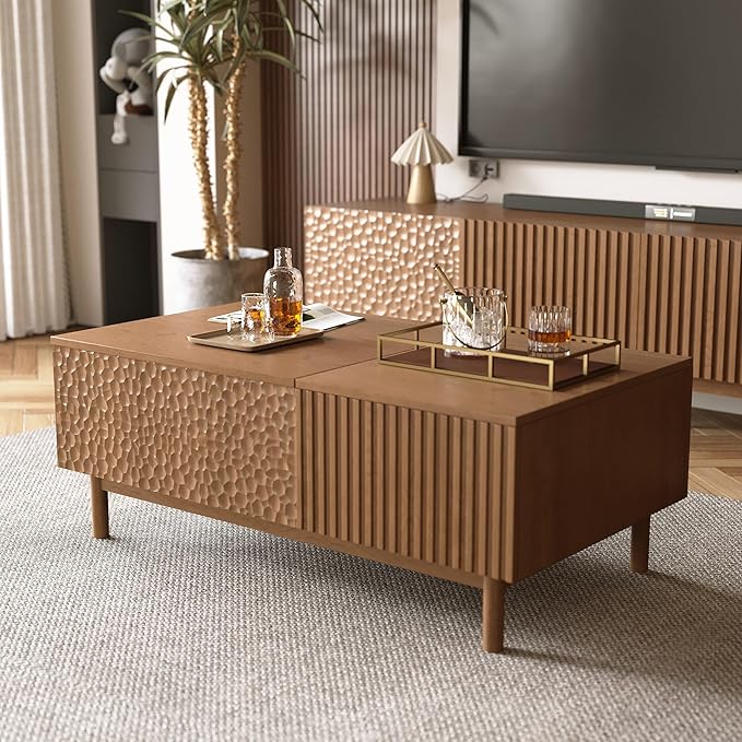 Mid-Century Modern 51.1" Coffee Table with Lift-Top & Storage, Legged Living Room Center Table for Typing, Entertaining & Stowing Essentials, Walnut