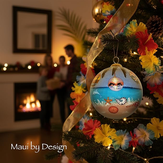 Hawaiian Ornament Christmas Under Palm Trees: Collectible Hand-Painted Glass Keepsake with Gift Box