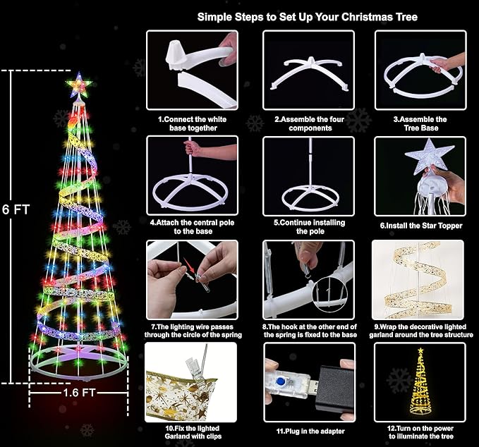 [11 Modes & Timer] 6 FT LED Christmas Tree Cone Lights Color Changing, 180 LED Outdoor Christmas Cone Tree with 11 Modes Timer Remote for Indoor Outside Yard Porch Xmas Decor Multicolor & Warm White