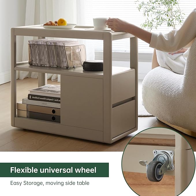 100% Solid Wood Side Table with Wheels, Narrow Side Table with Storage Drawers, Rolling Bedside Table for Bedroom Living Room Space Saving (Gray, 11.81" D x 26.77" W x 23.23" H)