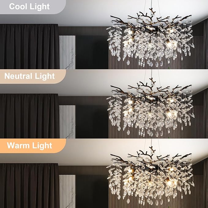 YUYI 30" Black Crystal Chandelier, 10-Light Tree Branch Chandelier for Dining Room, Luxury Round K9 Crystal Raindrop Chandeliers Light Fixture for Living Room Foyer Entryway Bedroom Kitchen