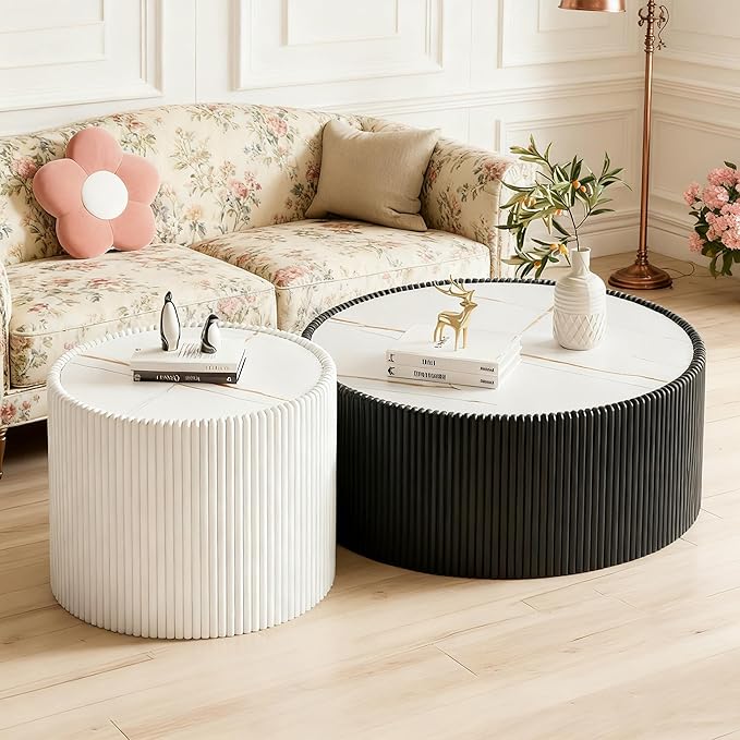 Round Living Room Table Set, 29.52" Black Drum Center Table and 17.71" White Coffee Table Set, 2 Pieces Coffee Table Set with Sintered Stone Tabletop, Fluted PU Leather Covered and StableBase