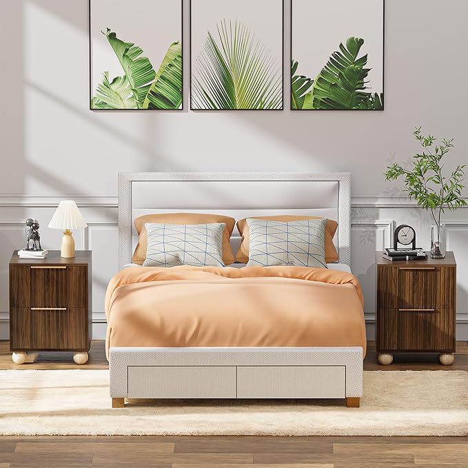 Fluted Nightstand Set of 2, Walnut Finish Bedside Table with Spacious Storage Drawers, Night Stand with Solid Wood Round Legs for Bedroom, End Table, Side Table