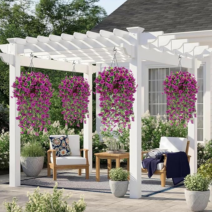 Geegoods 2 Set Artificial Hanging Flowers Plants for Outdoor, Faux Hanging Violet Flowers Baskets with Eucalyptus Vines UV Resistant Realistic Fake Plants for Outside Porch Garden Yard Home Decor