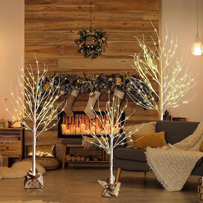 Outdoor Christmas Decoration Lighted Birch Tree, 3 Packs LED Prelit Light up Tree with Burlap Decor, Warm White, Power Supply by Adaptor, Xmas New Year Indoor&Outdoor Decor(4FT&5FT&6FT)