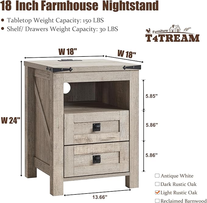 T4TREAM Nightstand with Charging Station, End Table, Side Table with 2 Drawers Storage Cabinet for Bedroom, Living Room, Farmhouse Design, Wood Rustic,Light Rustic Oak