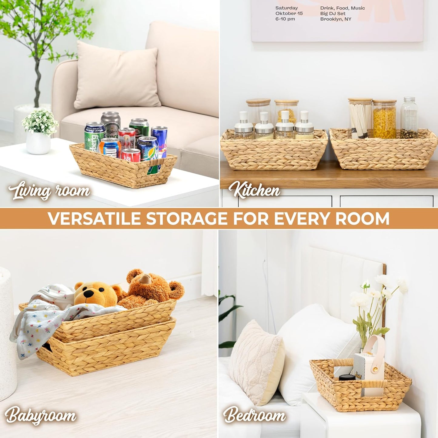 Set of 2 Snack Baskets, Wicker Snack Basket Organizer for Office, Small Wicker Baskets with Handles, (2 Medium Basket)