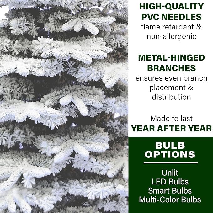 Fraser Hill Farm 10-ft. Pine Valley Flocked Christmas Tree, Huge Fake Christmas Tree with No Lights, Unlit Snowy Artificial Christmas Tree, Festive Indoor Holiday Decoration
