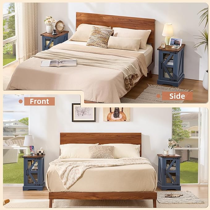 End Tables Living Room Set 3, 18'' Night Stand and 24" Square Side Table with Charger Station, Wood Furniture Sets, Nightstand Bedside End Table for Bedroom
