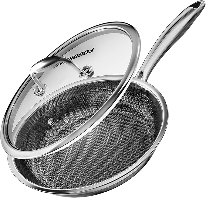 Fogdream 12” Non Stick Frying Pans, Stainless Steel Skillet with Lid, Tri-Ply Stainless Steel for All Cooktops, Dishwasher and Oven-Safe Cooking Pan, Stay-Cool Handle, Silver