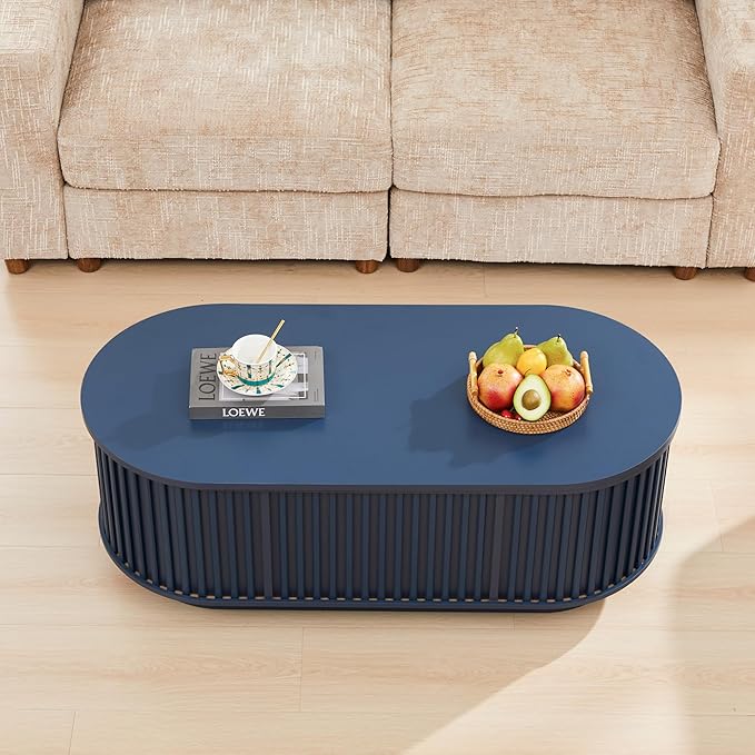 Oval Lift Top Coffee Table with Storage, 43.3”Mid Century Modern Center Table with Hidden Compartment, Fluted Wooden Lift Tabletop Dining Table for Living Room Apartment Home Office,Blue