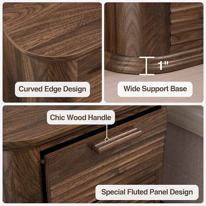 Okvnbjk 22" Wide Fluted Nightstand Set of 2 with Charging Station, Modern End Table for Living Room, Bedroom, Home Office, Wood Curved 3 Drawer Dresser, Large Bedside Tables, Dark Walnut