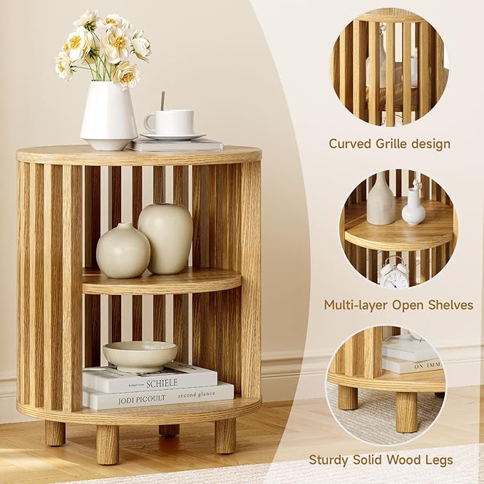 Round End Table, Wood Bedside Table, Mid Century Modern Nightstand with Open Storage Shelf, 3 Tier Small Side Tables for Living Room, Bedroom, Curved Profile Design, Natural Oak(1-Pack)