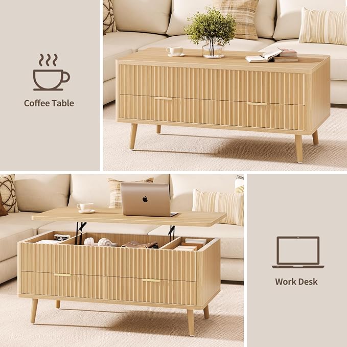 Fluted Lift Top Coffee Table- Wood Coffee Tables with Storage for Living Room, Mid Century Modern Square Large Center Table with Drawers & Hidden Compartment for Home Office, Reception