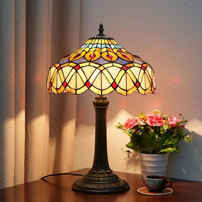 Yellow Peacock Tail Tiffany Table Lamp 12 inch Stained Glass Desk Lamp Vintage Reading Light for Living Room Bedroom Wedding Room Home Office Antique Decorative Light