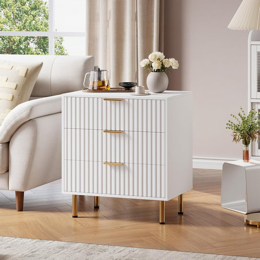 White 3 Drawer Dresser for Bedroom, Fluted Modern Nightstand with Deep Drawers, Chest of Drawers with Wide Top, Wooden Dresser Organizer, Side Table for Living Room, Hallway, Kids Room