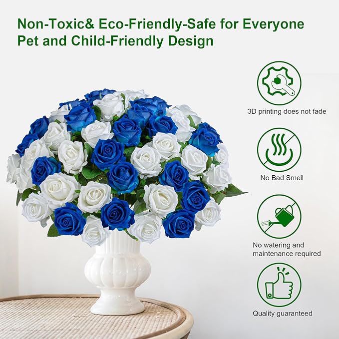 Artificial Flowers Roses Touch Fake Rose Bouquet Flower Stem For Wedding Centerpieces Diy Wreath Home Decorations Silk Roses Mothers Party Fake Outdoor Flowers Decor 19.6"(White & Blue 50PCS)