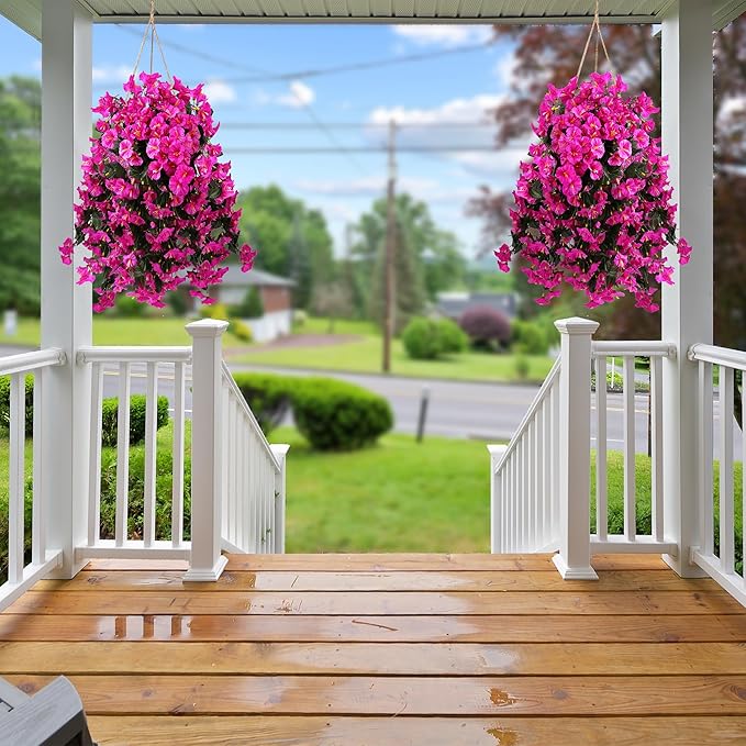 Sggvecsy Artificial Fake Hanging Flowers Plants for Outdoor Outside Spring Summer Decoration 2PCS Faux Silk UV Resistant Realistic Morning Glory Trailing Vines for Home Porch Patio Balcony(Purple red)
