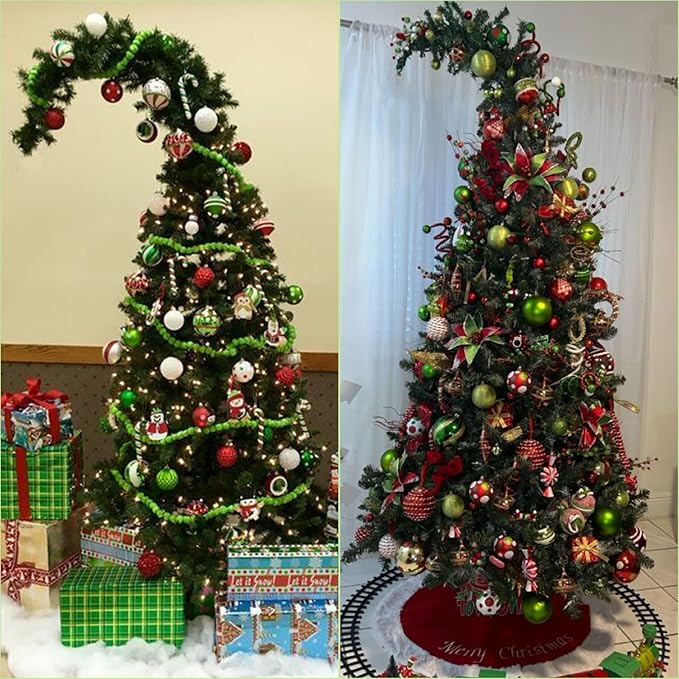 Syhood 7.5ft Bendable Christmas Tree Pre-Lit Whimsical Christmas Bent Top Artificial Xmas Tree with LED Lights Ornament Bag, Green