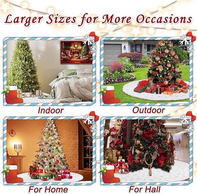 84 Inch Christmas Tree Skirt, Faux Fur Extra Large White Tree Skirt for 7 to 15 ft Xmas Tree, Plush Soft Thickened Mat with Silver Sequin Snowflake for Xmas Tree Decor Reusable Christmas Decorations