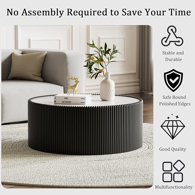 29.52" Black Round Coffee Table, Drum Coffee Table with Sintered Stone Tabletop and Fluted PU Leather Covered and Stable Base, Circle Cocktail Tea Table for Living Room