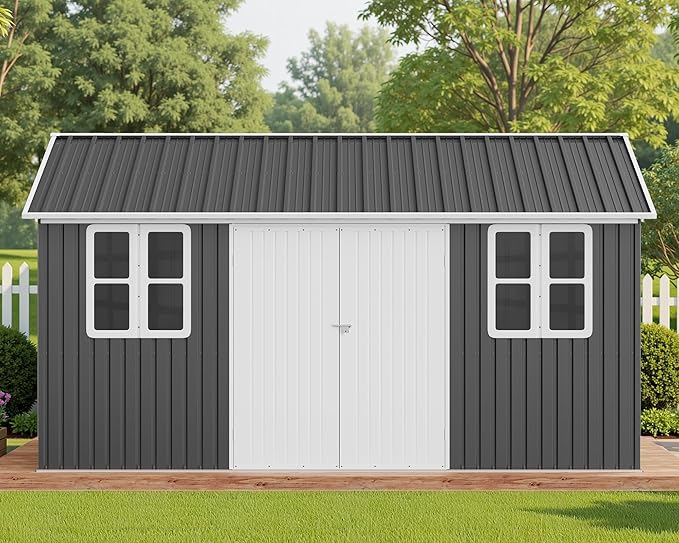 VanAcc 12x14x8.5 FT Galvanized Steel Outdoor Storage Shed with 2 4-Pane Windows Lockable Door, Nordic Cottage Shed for Backyard, Garden, Patio, Dark Grey/White
