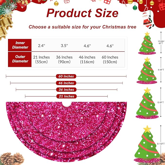 Hot Pink Christmas Tree Skirt 46 inch Sequin Velvet Tree Skirts Large Christmas Tree Skirt Fuchsia Round Tree Skirts for Artificial Trees Sparkle Christmas Tree Base Cover Holiday Party Decor