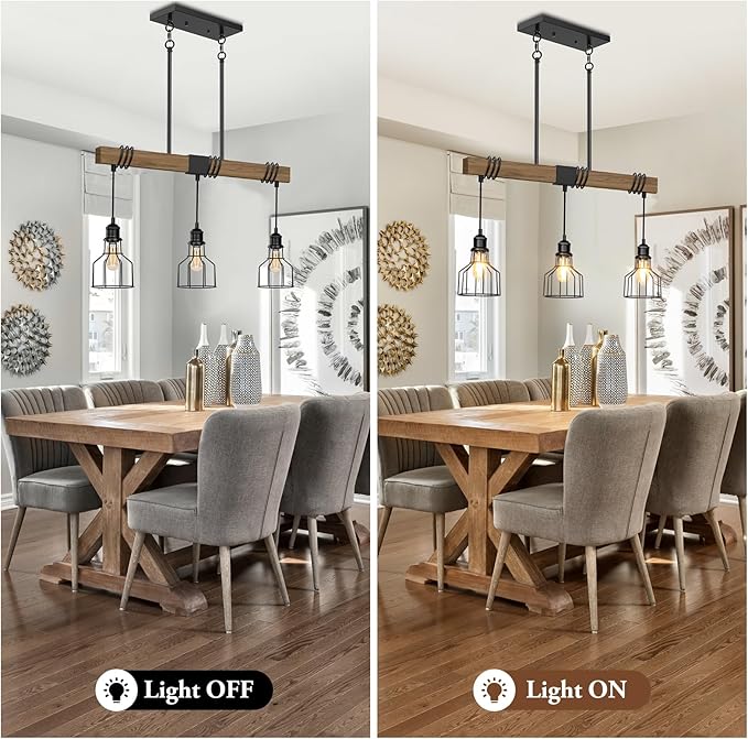 3-Light Kitchen Island Lighting, 63" Adjustable Height Pendant Light Fixtures Black Metal & Rustic Wood Modern Dining Room Linear Chandelier Over Table with E26 Base for Farmhouse Bar