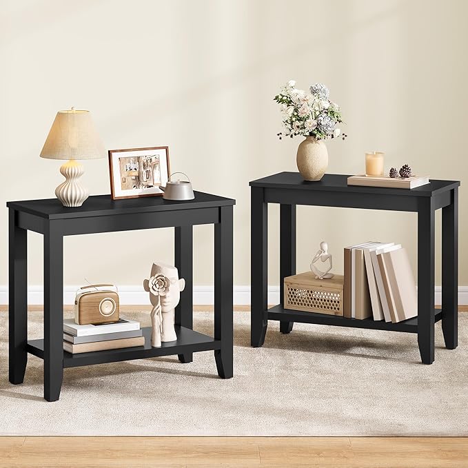 Hoctieon End Table with Double Storage Shelves, Sturdy Wooden Side Table for Living Room, Bedroom, Modern Nightstand Sofa Table for Small Spaces, Black, Set of 2