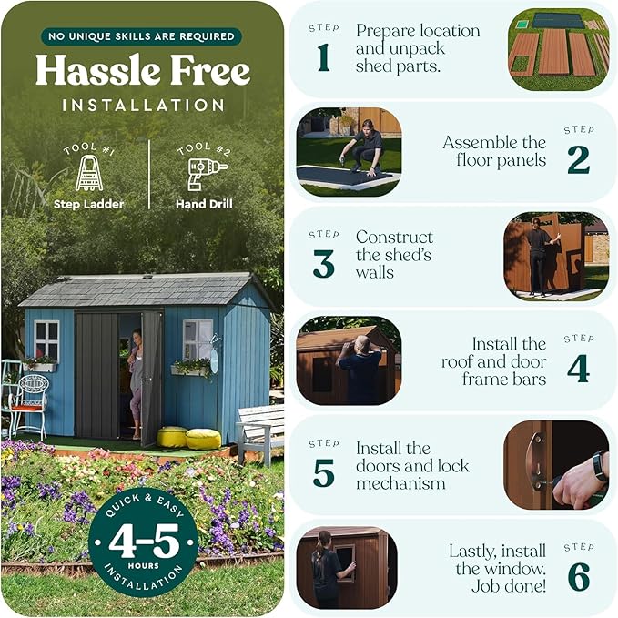 Outdoor Tool Shed 11 x 8.3 Foot Durable Resin Storage Lockable Door, and Ventilation, with Window Planter Boxes, for Garden, Home, Pool，Backyard, Grey