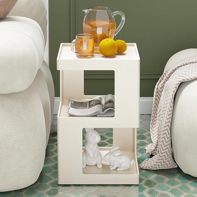 COZAYH Farmhouse Geometric Wood End Table, Distressed Accent Side Table with Two Storage Space, 3-Layer Cube Design for Bedroom, Living Room, Entryway, White