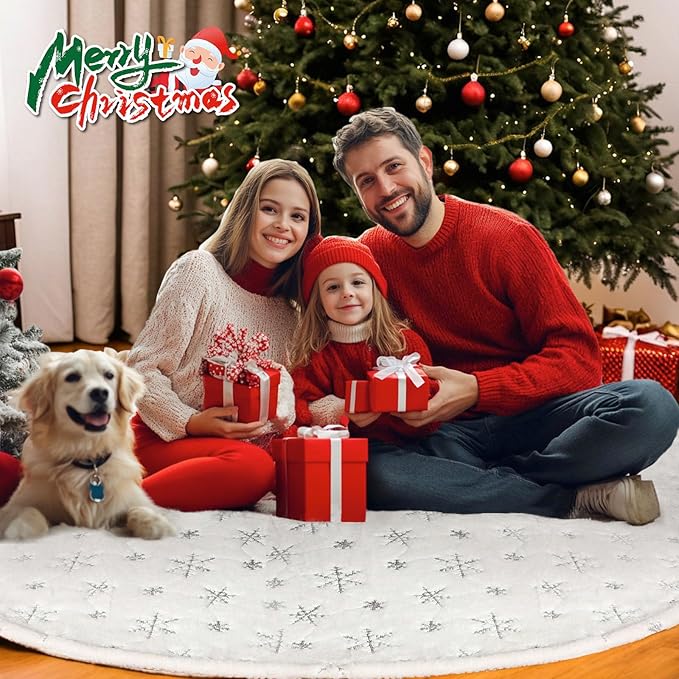 72 inch Christmas Tree Skirt,White Faux Fur Tree Skirts Thick Soft Christmas Ornaments,Extra Large Xmas Tree Skirt for Christmas Home Decorations Xmas Party Holiday Decorations