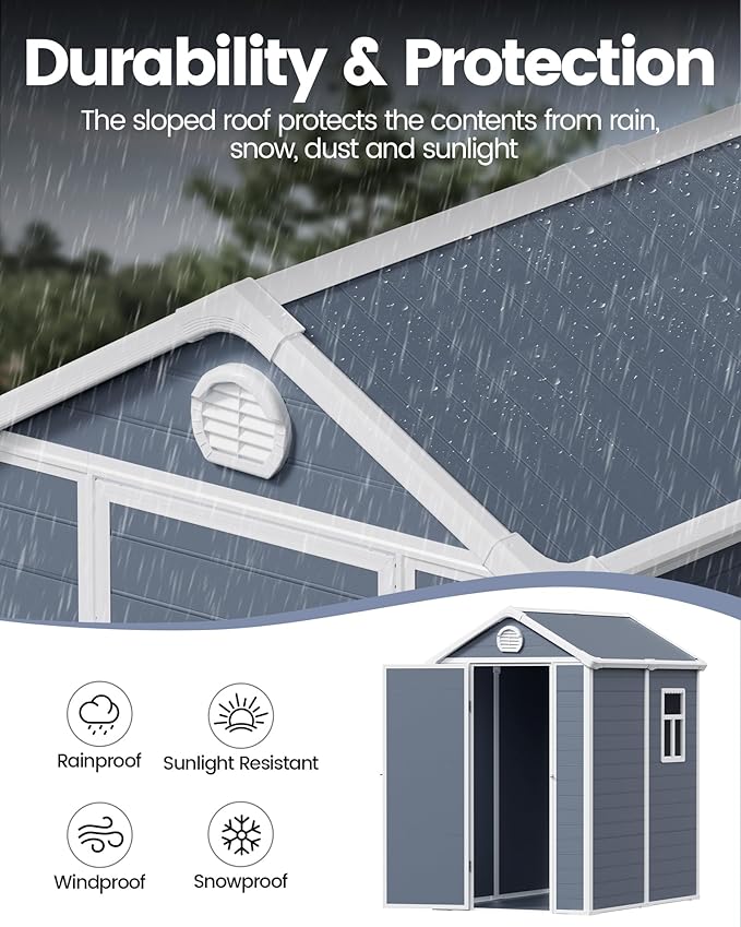 6x4.5 FT Plastic Sheds & Outdoor Storage, UV Resistant Storage Sheds Outdoor with Floor and Window, All-Weather Garden Resin Tool Shed for Lawn Mower, Yard Tools, Bike, Dark Gray