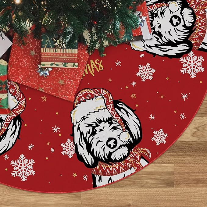 Christmas Tree Skirt Red Tree Skirt Golden Doodle Xmas Winter Tree Skirt 48 Inch for Dog Christmas Indoor Outdoor Decorations