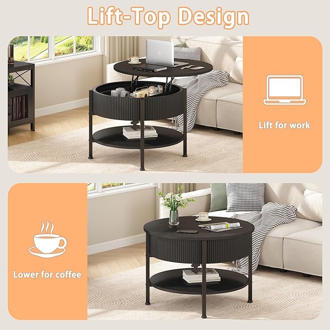 Round Coffee Table, Fluted Lift Top Coffee Table with Hidden Compartment and Open Shelf, 26.77” Small Central Table for Living Room, Home Small Space, Mid-Century Black