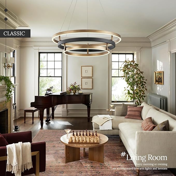 3 Ring LED Chandelier Black Gold Chandelier Light Fixture Dimmable Round Foyer Chandeliers Modern Circular Chandeliers Light for Dining Room Entry Bedroom Office Living Room 24in
