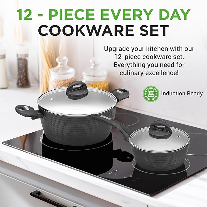 NutriChef Metallic Ridge Line Nonstick Cooking Kitchen Cookware Pots and Pan Set with with Lids and Utensils, 12 Piece Set, Gray
