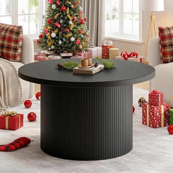 ONBRILL 31.5" Round Coffee Table, Tambour Design Coffee Tables for Living Room, Mid Century Modern Wood Coffee Table, Drum Accent Small Center Table, Black