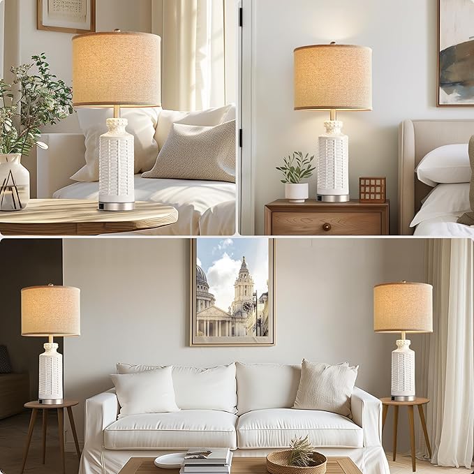 28" White Table Lamps Set of 2, Ceramic Lamps for Living Room with 2 USB Charding Ports, Modern Bedroom Lamps for Nightstand, 2 LED Bulbs Included