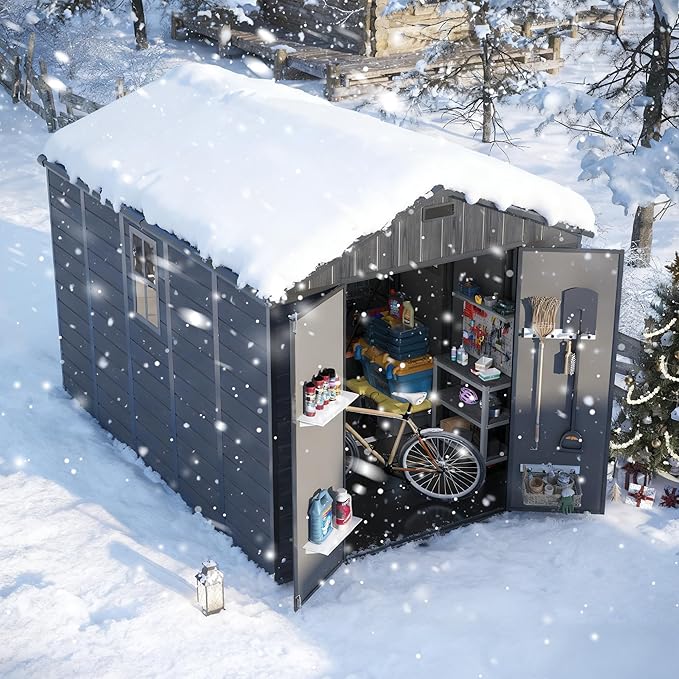 Amopatio Outdoor Storage Shed with Floor,8x10 FT Lockable Plastic Tool Shed with Ventilation,Waterproof Resin Garden Sheds for Backyard,Patio,Lawn and Bike Dark Grey