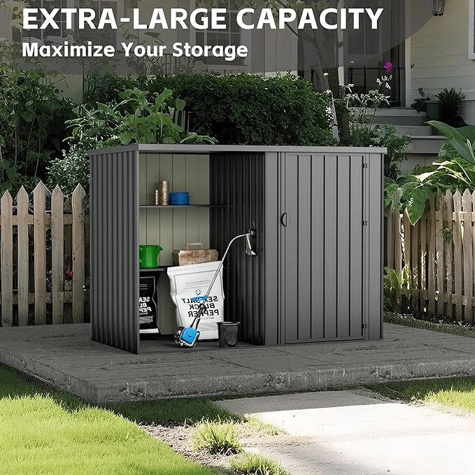 2 in 1 Metal Outdoor Storage Shed with Firewood Rack, 8×4 FT Lockable Waterproof Garden Tool Shed with Shelves, Open & Enclosed Dual-Storage Backyard Patio Shed with Sloped Roof (No Floor)