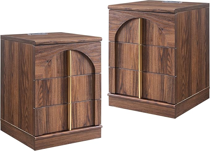 ACCOHOHO Modern Night Stand Set 2 with Arched Panel, 18" Nightstand with Charging Station, Side Table with 3 Storage Drawers, Wood Square Bedside End Table for Bedroom Living Room, Brown