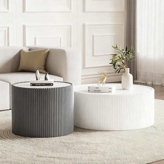 Round Living Room Table Set, 29.52" White Drum Center Table and 17.71" Grey Coffee Table Set, 2 Pieces Coffee Table Set with Sintered Stone Tabletop, Fluted PU Leather Covered and StableBase