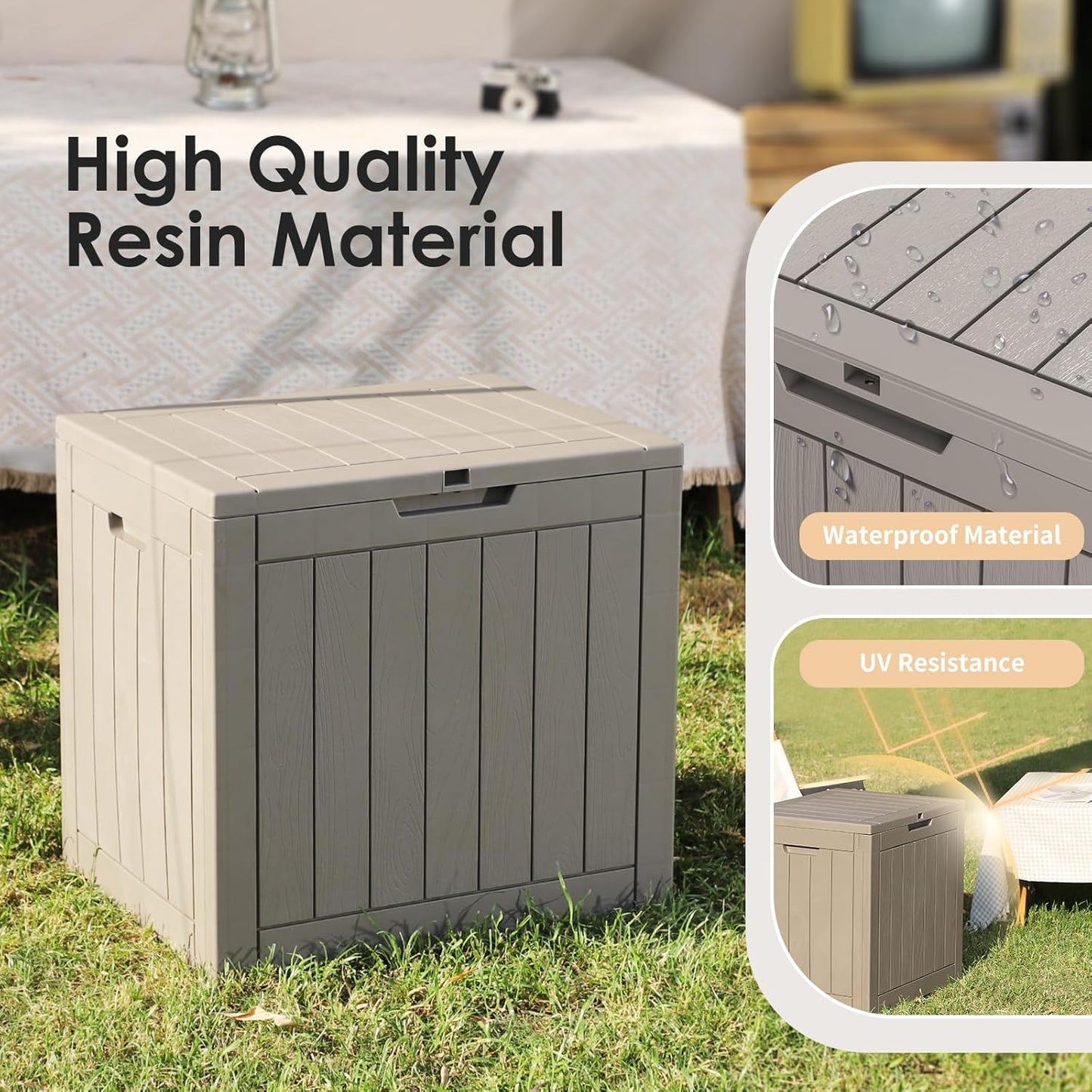 Vixzen 30 Gallon Resin Deck Box - Lockable Outdoor Storage for Patio Cushions, Garden Tools, Pool Supplies，Grey