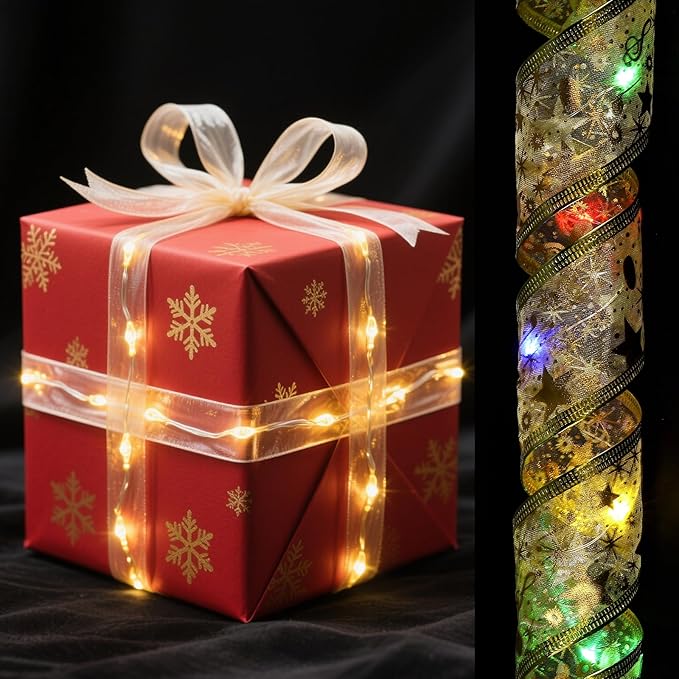 uxcell LED Lights Copper Wire Ribbon, 9.84Ft 30 Battery Powered Christmas Tree Decorations String for Party Weddings Christmas Tree (Gold, Multicolor Light)